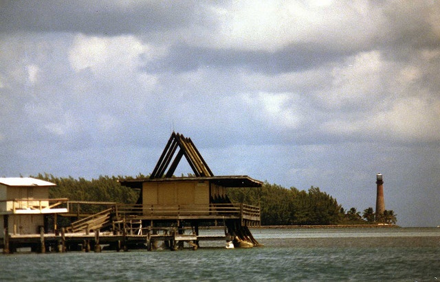 1970s A-Frame Stiltsville with Red Cape Florida lighthouse on Key Biscayne